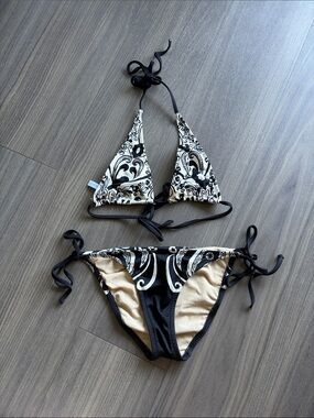 J. Crew Black & Cream Paisley Triangle Bikini
